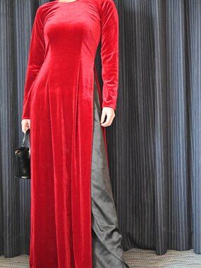 Vietnamese Áo Dài Velvet Set | Deep Ruby Red Traditional Dress w/ Pants